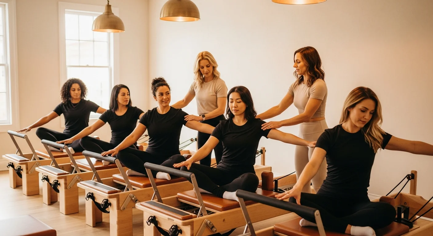 Small group reformer Pilates class in session at SOFI studio